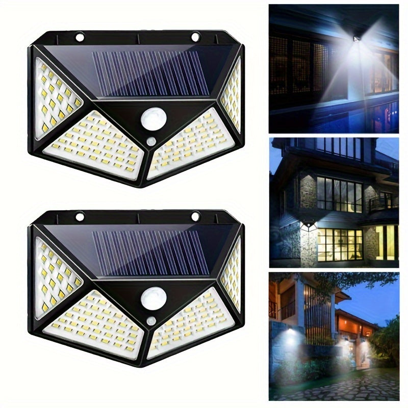 6 pieces of outdoor solar wall lights with 100 LED bulbs, featuring human body sensing technology for garden lighting.