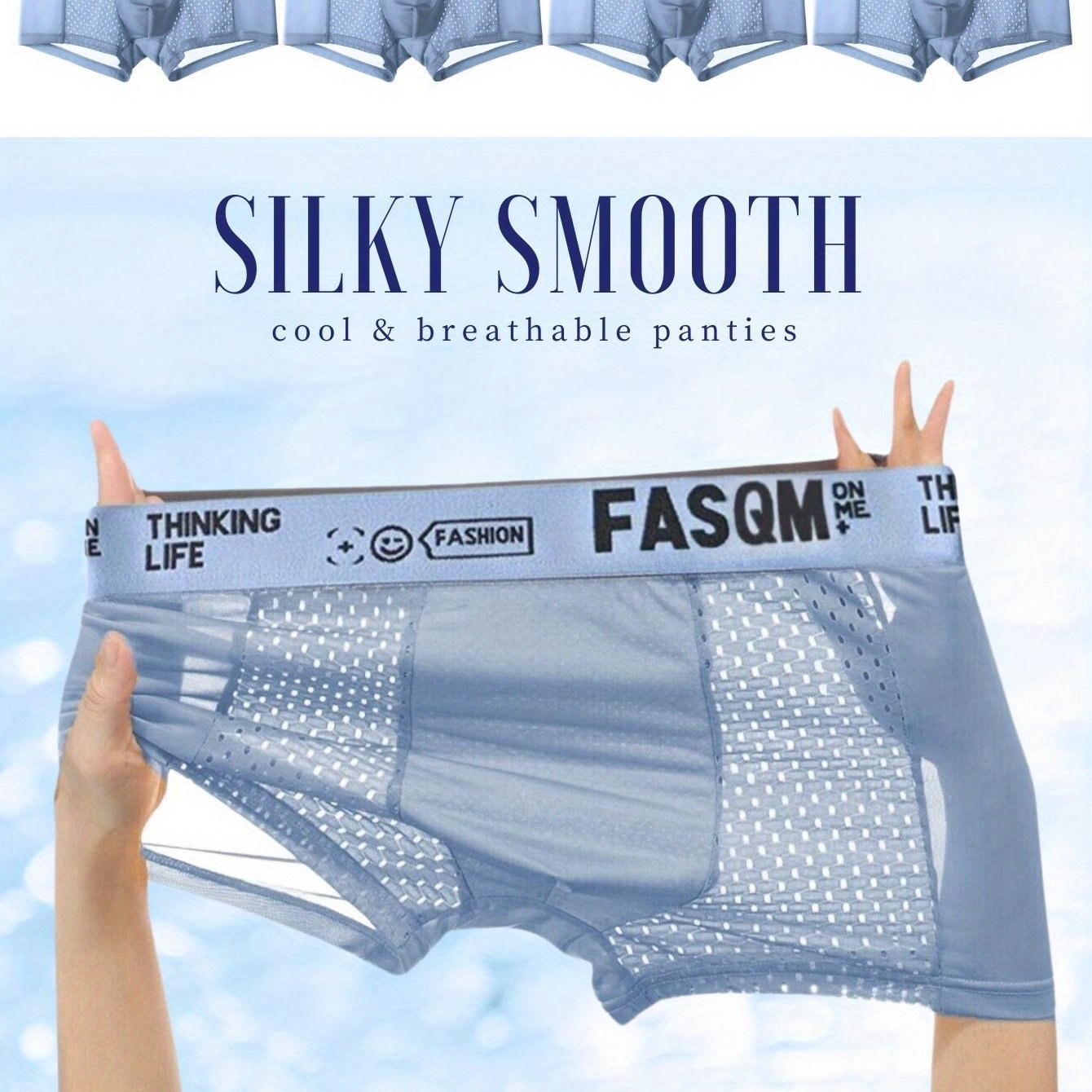 4pcs Men's boxers briefs in icy charm and cool soft material, featuring mesh patch for breathability and stretchy trunks. Available in sky blue, black, and deep gray with contrast color