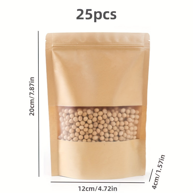 50/25 Waterproof Kraft Paper Stand Up Pouches with Window for Coffee, Resealable and Sealable for Home or Business Packaging.