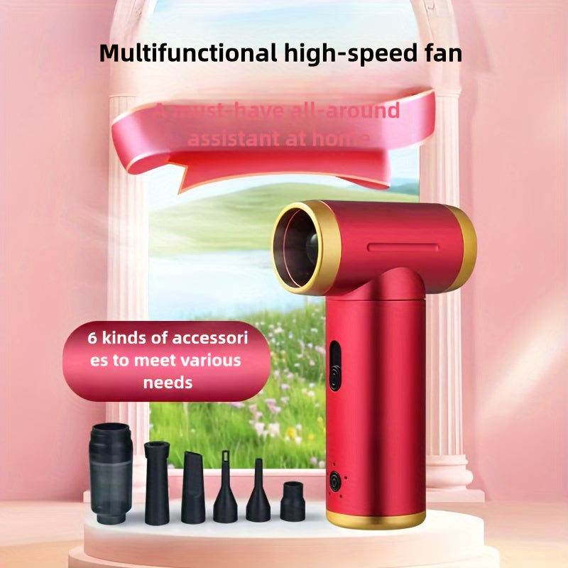 Versatile High-Speed 7-in-1 Multi-Function Fan with 80,000 RPM Motor, 2000mAh Battery - Suction, Blowing, Vacuuming, and Inflating Capabilities, USB Rechargeable, Ergonomic Red and Golden Design for Both Indoor & Outdoor Applications