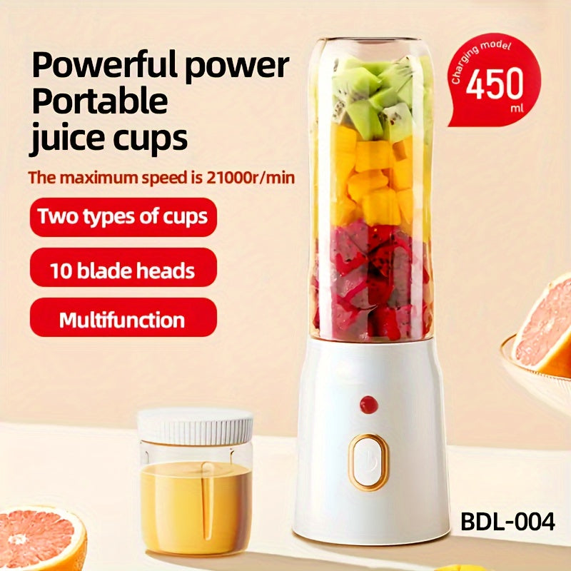 Compact and portable electric citrus juicer cup featuring a multi-function USB rechargeable blender with dual detachable cups. With a capacity of under 1L, this round-shaped juicer is equipped with a 1500mAh lithium battery, making it perfect for home