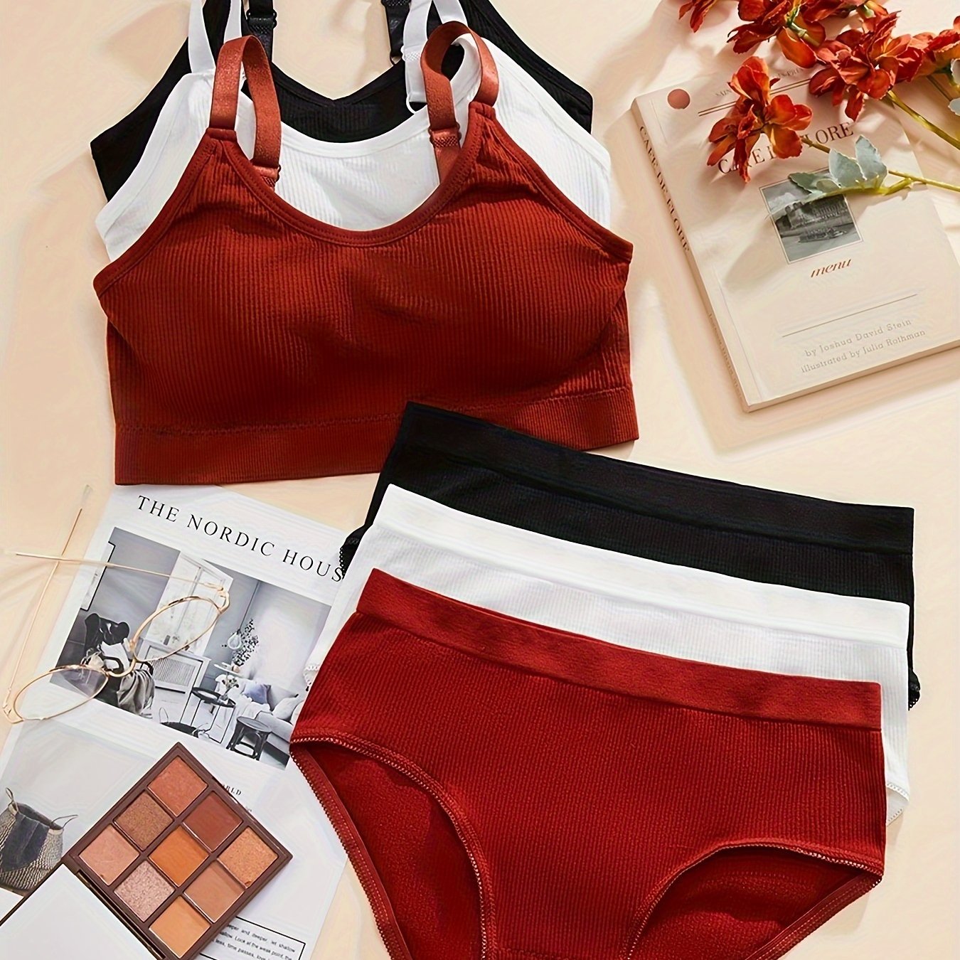 6-piece set of solid ribbed bra and panties, simple sports bra and elastic panty lingerie for women.