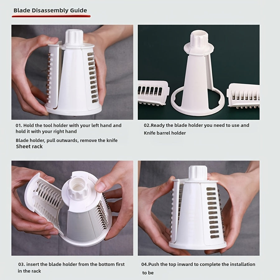 Versatile Kitchen Tool: Manual Rotary Mandoline Slicer with Interchangeable Blades - Made of ABS Material, Hand Crank Operation for easy slicing, grating, and shredding of vegetables and cheese.