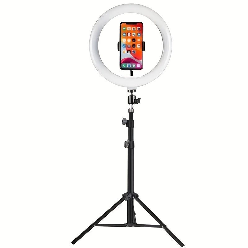 10-inch USB selfie LED light with a desktop tripod stand for iPhone and Android devices in warm, cool, and normal lighting options. Ideal for live streaming, makeup tutorials, vlogs