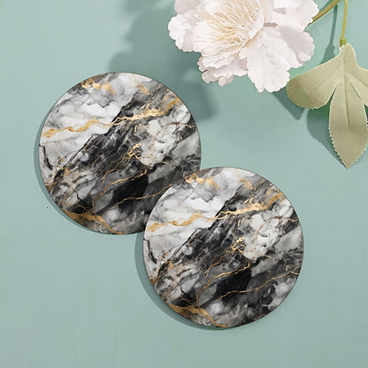 6 golden grey marbled coasters with rubber and non-slip backing, perfect for drinks and decor in your home or kitchen. Great housewarming gift.