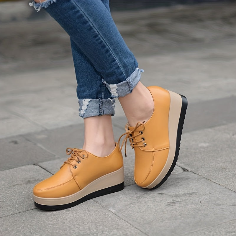 Women's lace-up platform wedge loafers with round toe, heightening design, and versatile style.