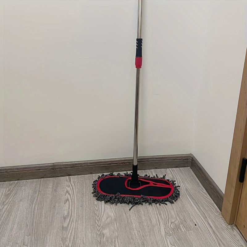 Large flat mop ideal for home use, designed for tile floors, bedrooms, bathrooms, kitchens, and living rooms. Features an easy push dust mop with a comfortable cushioned handle. Perfect for those looking for a lazy cleaning solution.