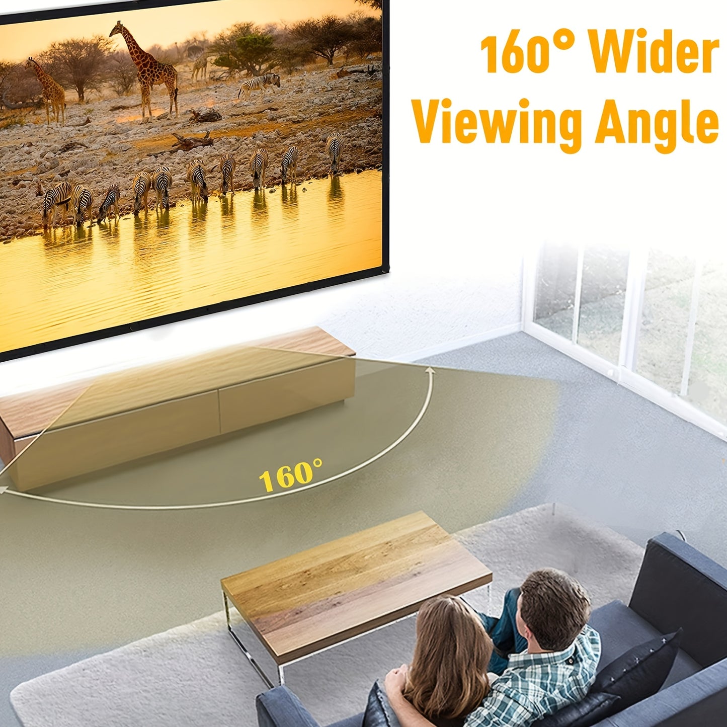 60-inch outdoor projector screen with 4K HD 16:9 resolution, foldable and washable. Portable design supports double-sided projection, ideal for home theaters and offices.