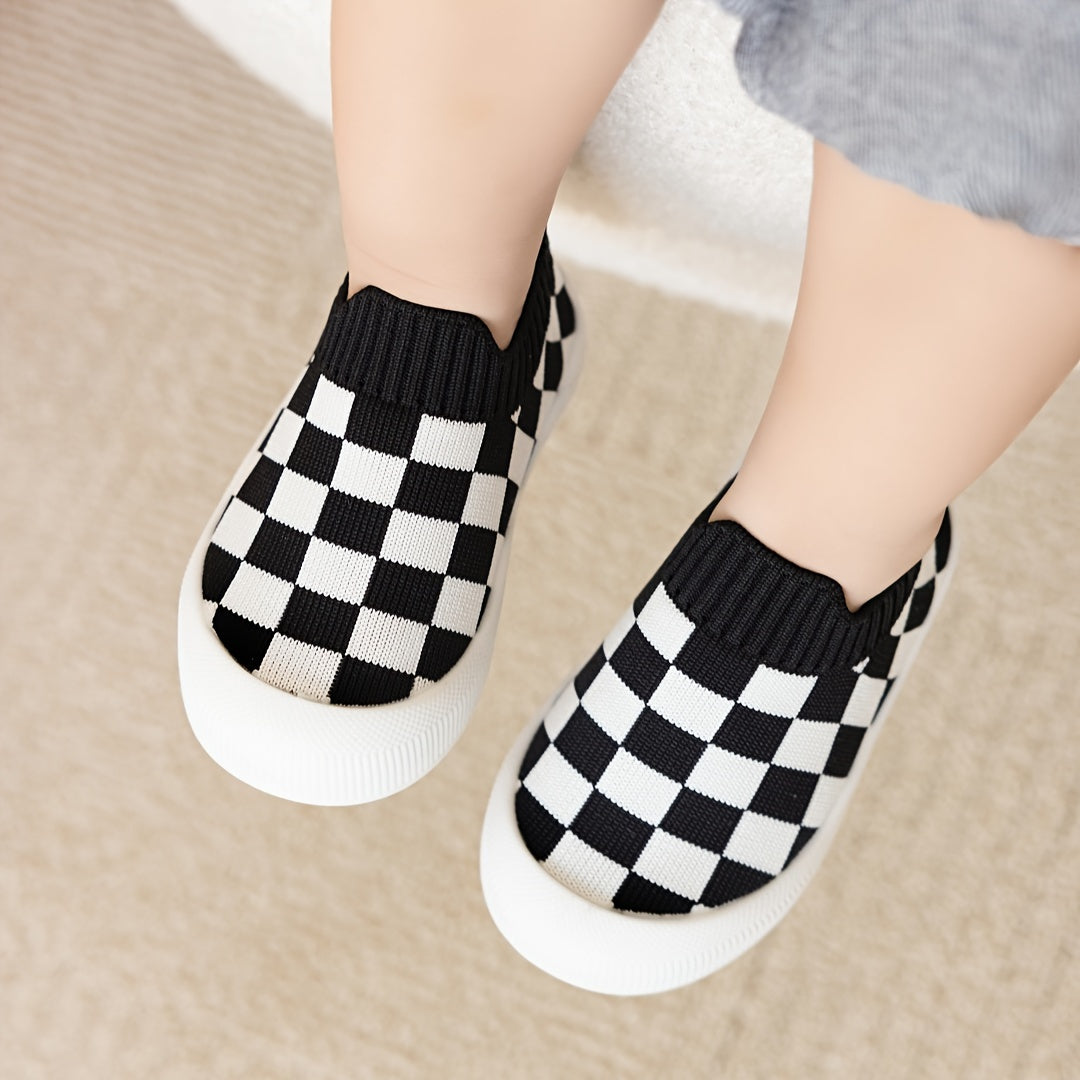 Plaid slip-on woven shoes for baby boys, perfect for indoor and outdoor comfort.