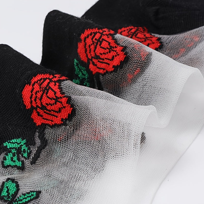 5 pairs of women's floral crystal mesh short socks in black with multicolor flower patterns. Made of ice silky fiber that is breathable and lightweight. Hand wash only. Cute socks.