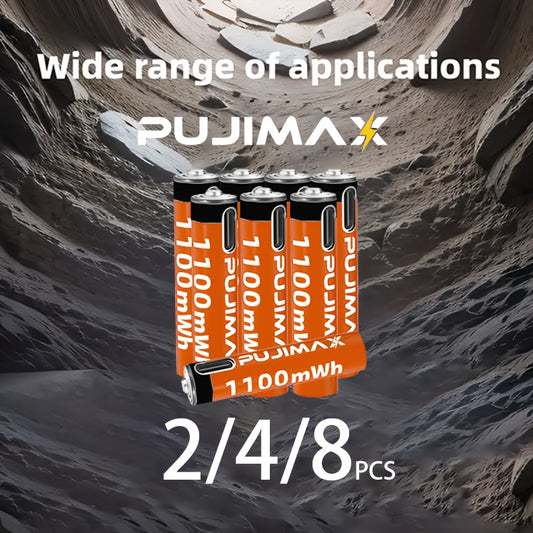 PUJIMAX AAA 1100mWh rechargeable battery with stable voltage and fast USB-C charging, suitable for various devices, includes a complimentary charging cable.