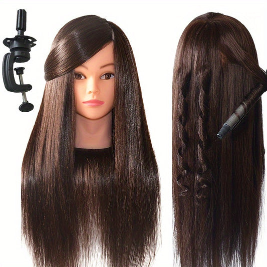 Mannequin head with 85% real human hair for professional hair styling, includes stand for braiding, curling, and perm practice.