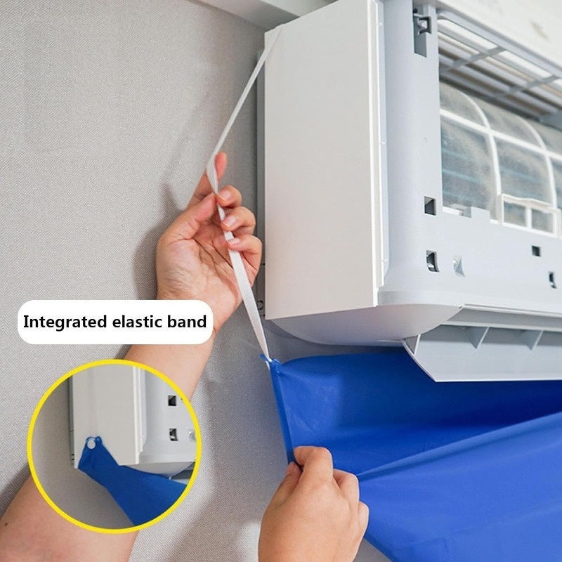 Reusable, self-adhesive protective bag for AC maintenance and washing with water pipe, designed for wall-mounted air conditioners. Blue cover is waterproof and easy to clean.