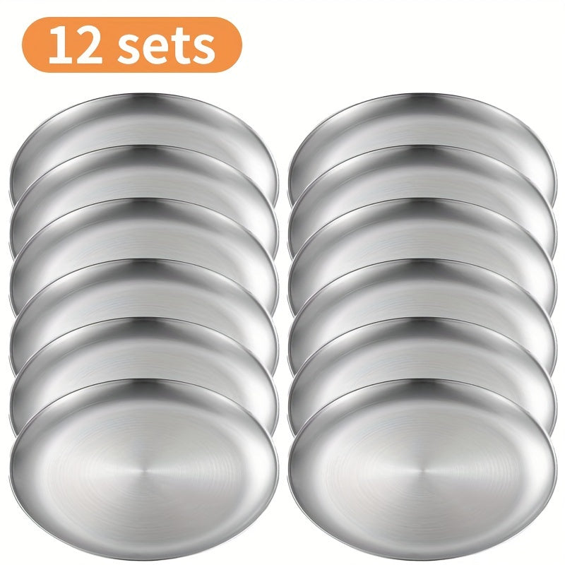 12 pieces of thickened stainless steel plates in Korean style for serving roast meat and snacks, suitable for home, kitchen, and restaurant use.