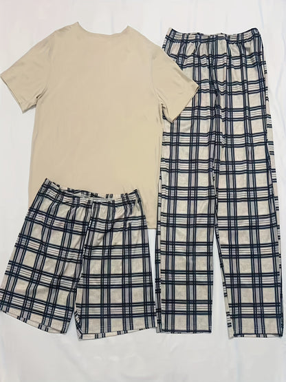 3-piece Plaid Pajama Set, short sleeve crew neck top with pocket, 100% knit polyester, all-season comfort, regular fit bottoms, medium stretch, no belt, 180gsm.