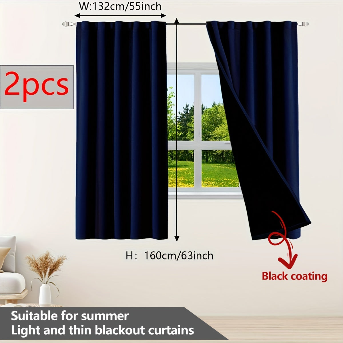 Two pieces of contemporary blackout curtains made from thermal insulated twill weave polyester. They are designed to reduce noise and block out light, making them perfect for the living room, bedroom, or study. These curtains feature a hook and ring rod