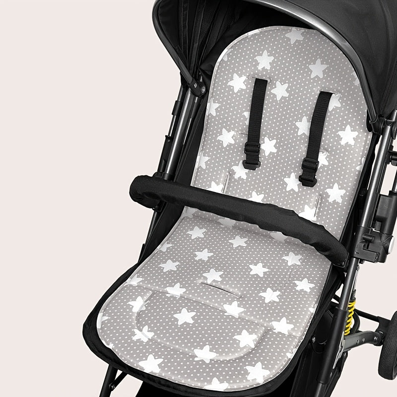 Breathable polyester stroller cushion for infants, fits most models. Supports toddlers aged 0-3 with comfort. Light grey with polka dot/star pattern.