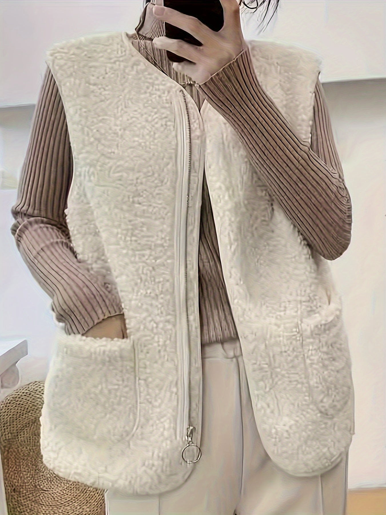 Women's winter lamb vest, loose-fitting plush sleeveless jacket with double pockets and zipper front. Casual, stylish, and cute design in solid color.