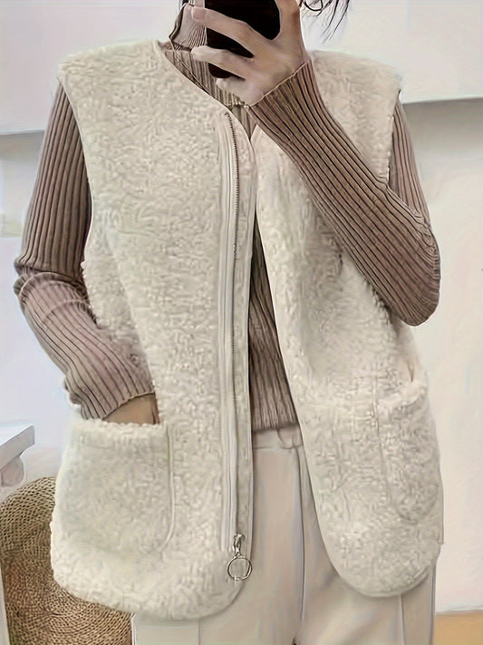 Women's winter lamb vest, loose-fitting plush sleeveless jacket with double pockets and zipper front. Casual, stylish, and cute design in solid color.