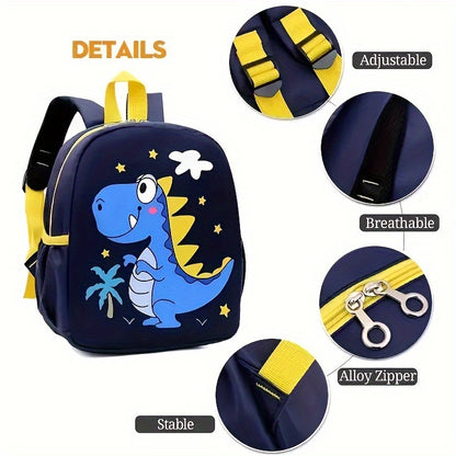 Kids' dinosaur backpack: durable, waterproof nylon with adjustable straps, machine washable, blue with yellow accents for school & outdoor activities