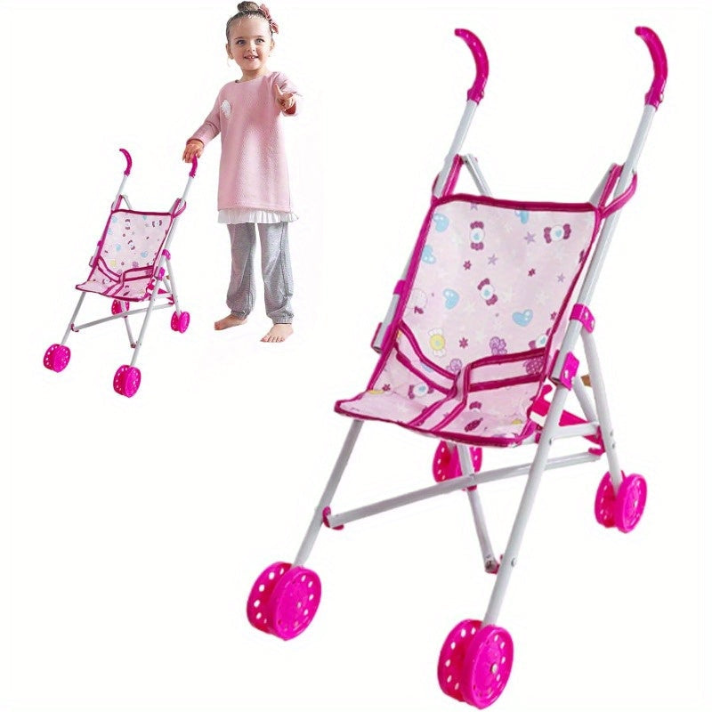 Durable Doll Stroller Designed for Kids, Featuring Cartoon Pattern, Made of Plastic with T-Belt, Push Handle & Removable Seat, Perfect for Imaginary Play, Style2 Doll Carriage, No Batteries Required, Suitable for Ages 3-6, Ideal Party Favor or Gift Toy.