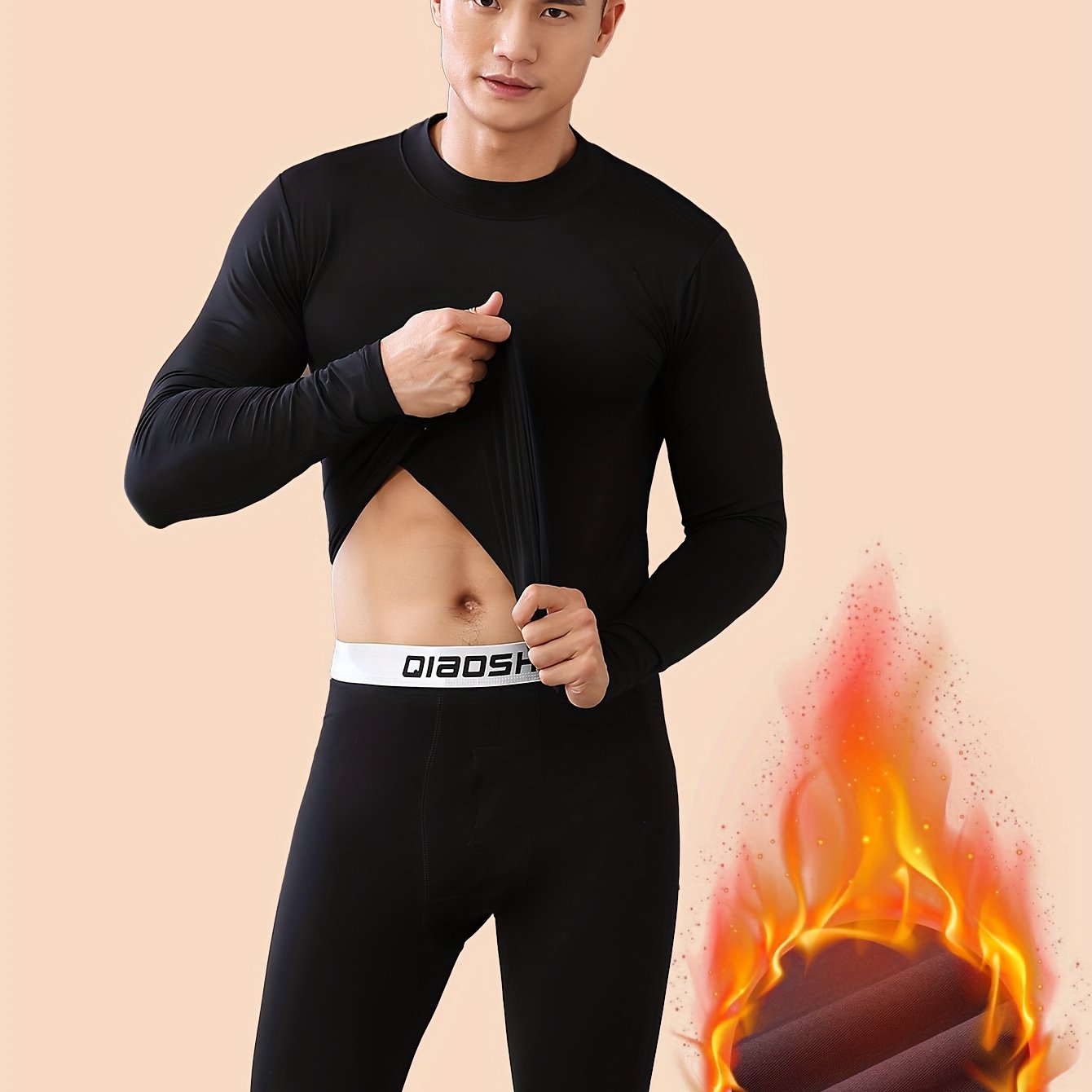 Men's 2-piece Thermal Underwear Set: Polyester Fleece-Lined, Solid Color, Stretch Fit for Winter Warmth