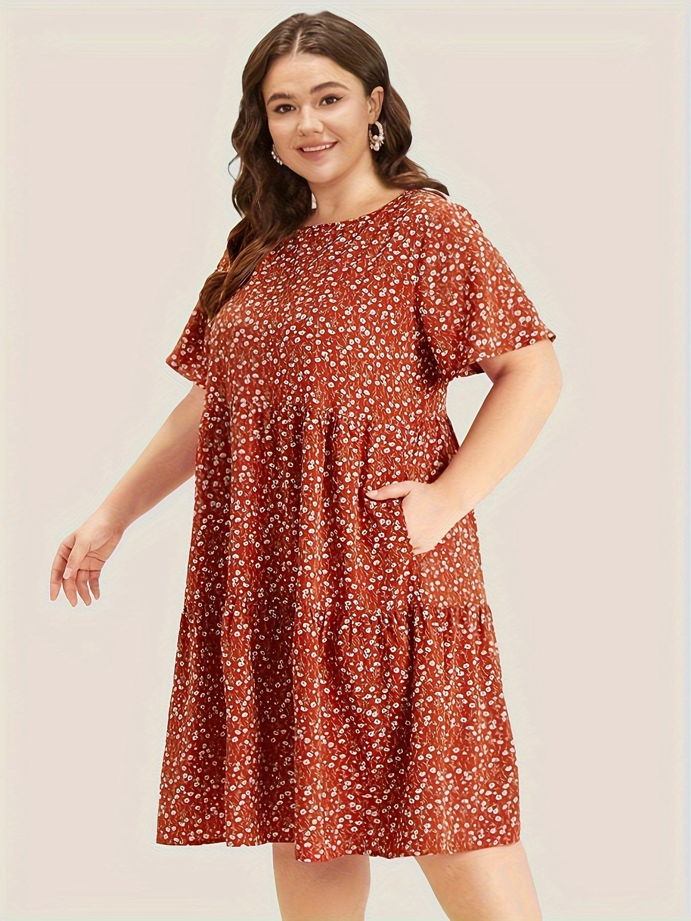 Floral midi dress for plus size women with pockets. Lightweight polyester, perfect for spring/summer vacations.