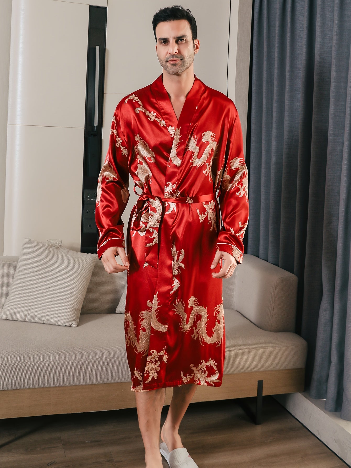 Men's long-sleeve robe with golden dragon print, ideal for loungewear or pajamas in any season.