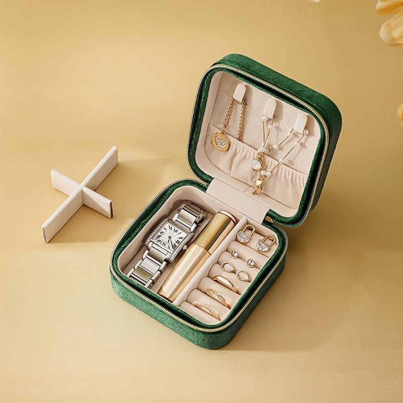 Venus Velvet Jewelry Box: Portable organizer for travel with compartments for earrings, necklaces, and rings. No power needed. Perfect for jewelry making and display.