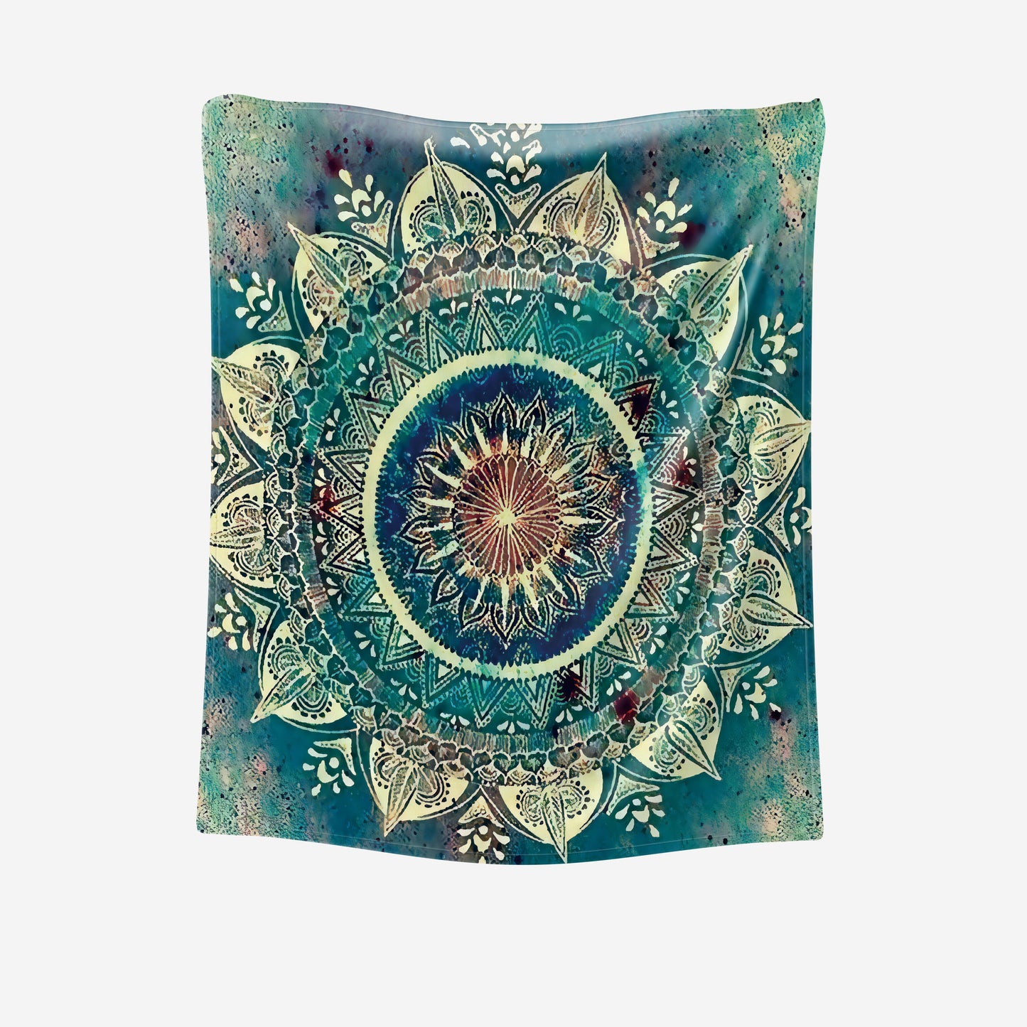 Bohemian Style Mandala Fleece Blanket - This cozy blanket features vibrant blue, green, and yellow patterns, making it the ideal addition to your sofa, bedding, or for napping. Made from soft polyester, this blanket is perfect for all seasons and makes a