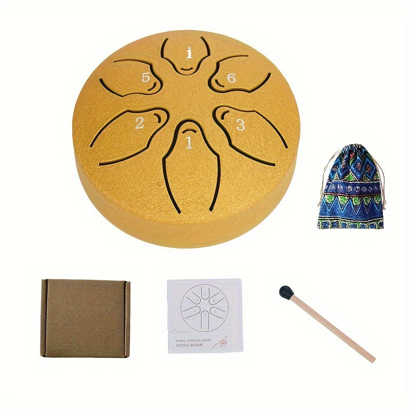 Mini steel tongue drum set with 6 notes, mallets, music book, case, and accessories.