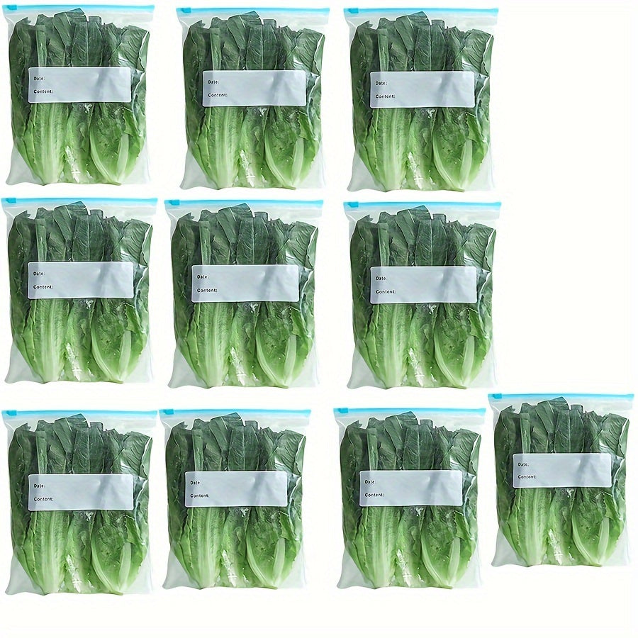 Set of 10 reusable kitchen storage bags featuring slide seal closures - ideal for storing food, snacks, and travel essentials. Made from durable plastic, these bags are perfect for organizing items in the fridge, freezer, pantry, and closet.