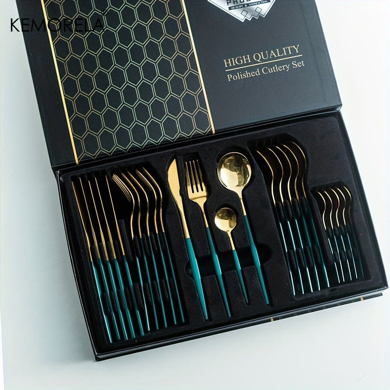 24-piece luxury stainless steel cutlery set, dishwasher safe.