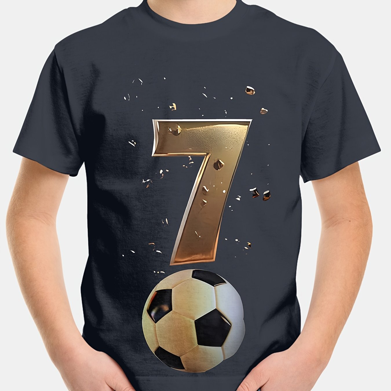 Soccer jersey t-shirt for boys featuring vibrant football player graphic, short sleeve, crew neck, and stretchable polyester fabric, ideal for playtime and outdoor activities.