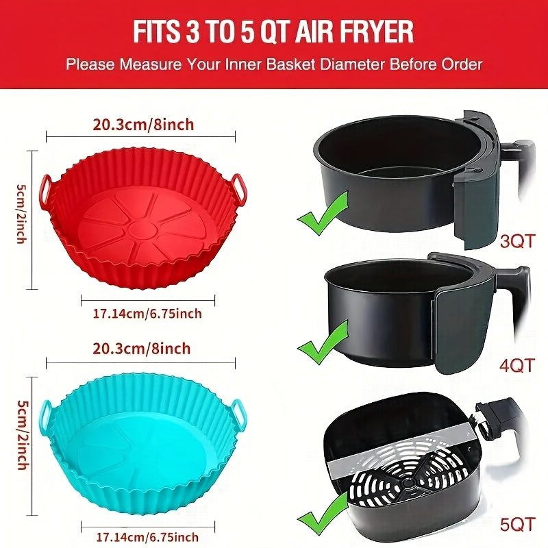 Reusable, non-stick silicone air fryer basket liner designed for 3QT-5QT air fryers. Heat resistant up to 240°C, perfect for baking and cooking. Available in blue and black, ideal for holiday parties and everyday kitchen use. Portable and folding with a