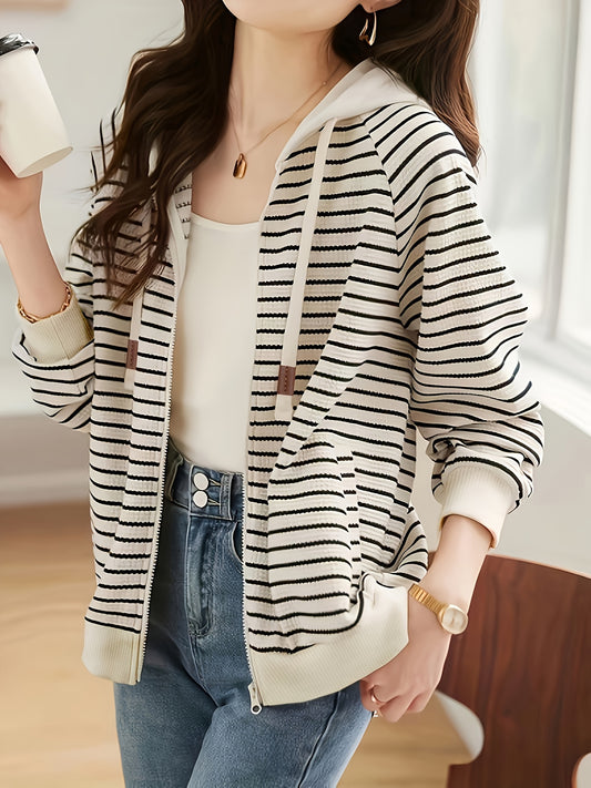 Women's Hooded Crochet Knit Striped Cardigan Sweater Jacket made of a Polyester & Spandex Blend, casual vacation style with zipper detail, lightweight for Spring & Fall.