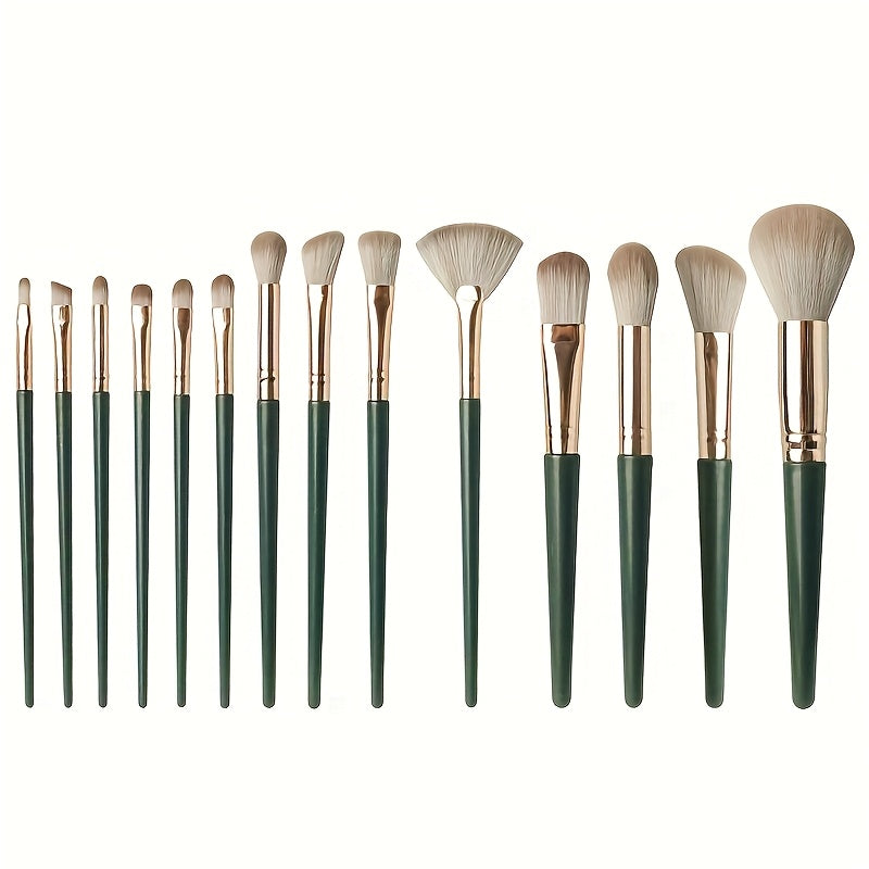 14-piece luxurious green brush set for full face and eye detailing, perfect for foundation, contouring, and blending.