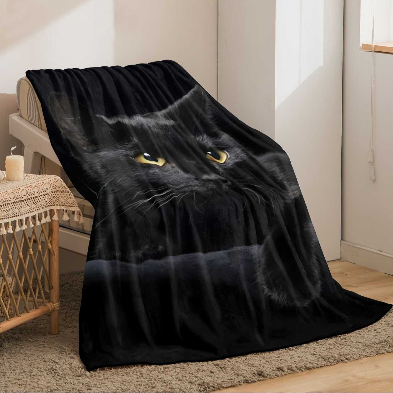 Soft and cozy 1 piece flannel blanket featuring a high-definition digital print of a black cat. Perfect for both male and female cat lovers, this adorable blanket is a great gift for any cat enthusiast. With its cute cat pattern and comfortable design