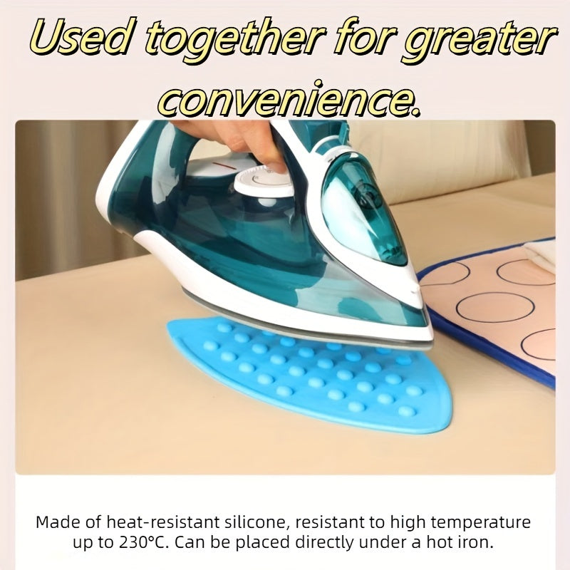 This three-piece set includes a high temperature resistant foldable ironing pad, ironing insulation net, and silicone ironing pad. It provides layered protection, waterproof steam insulation, and is portable for travel or home use.