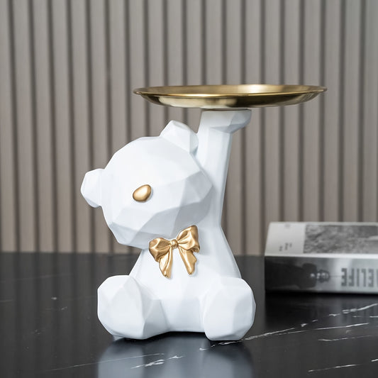 Bear statue with tray, resin crafted for multifunctional uses including key storage, table decor, money bank, gift. Suitable for various interior spaces, no electricity required.