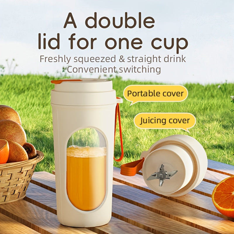 Compact and portable HOTU 1 Juicer and Blender with USB-C wireless technology. Perfect for making frozen drinks, smoothies, dressings, and more. Comes with a 450mL/15oz. to-go cup, storage lid, and is rechargeable and self-cleaning. This stainless steel