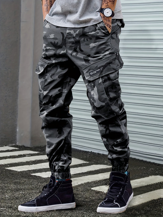 Men's All-Season Camo Cargo Pants with Comfort Fit, Versatile Pockets, and Street-Style Drawstring Design.