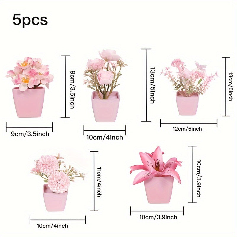 3 mini pink potted plants with faux rose and peach embroidered ball flowers for wedding, home, or office decoration.