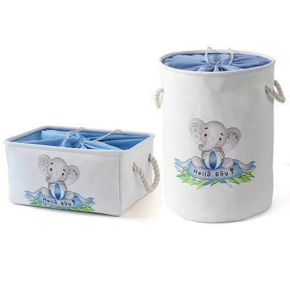 Blue Elephant Design Fabric Storage Basket with Lid - Collapsible and Stackable for Home Organization in Nursery, Wardrobe, or Shelf