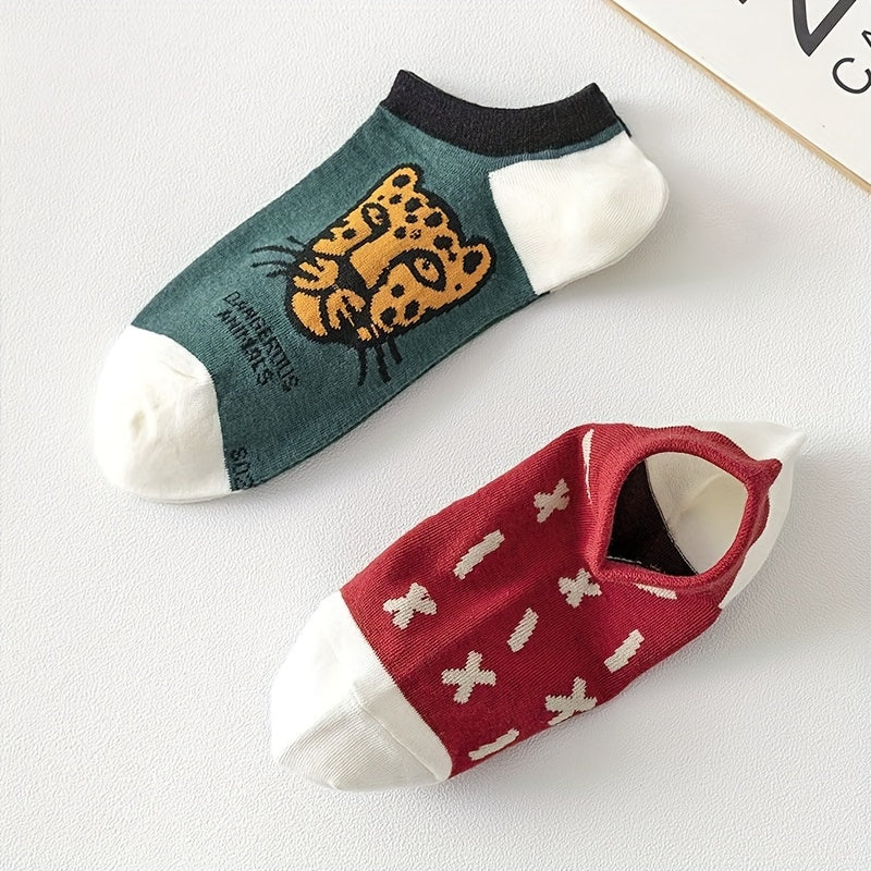 Assorted couples' ankle socks 3/5 pairs - breathable, sweat absorbent with unique print and contrasting patterns, polyester and spandex blend, perfect for sports and casual wear, cute