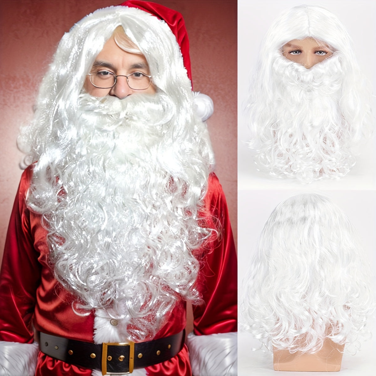 Costume Accessory for Men: 20-Inch White Beard and Wig Set resembling Santa Claus, made of heat resistant synthetic fiber with a funky wavy style. The wig can be hand washed or dry cleaned and is crafted from durable woven fabric.