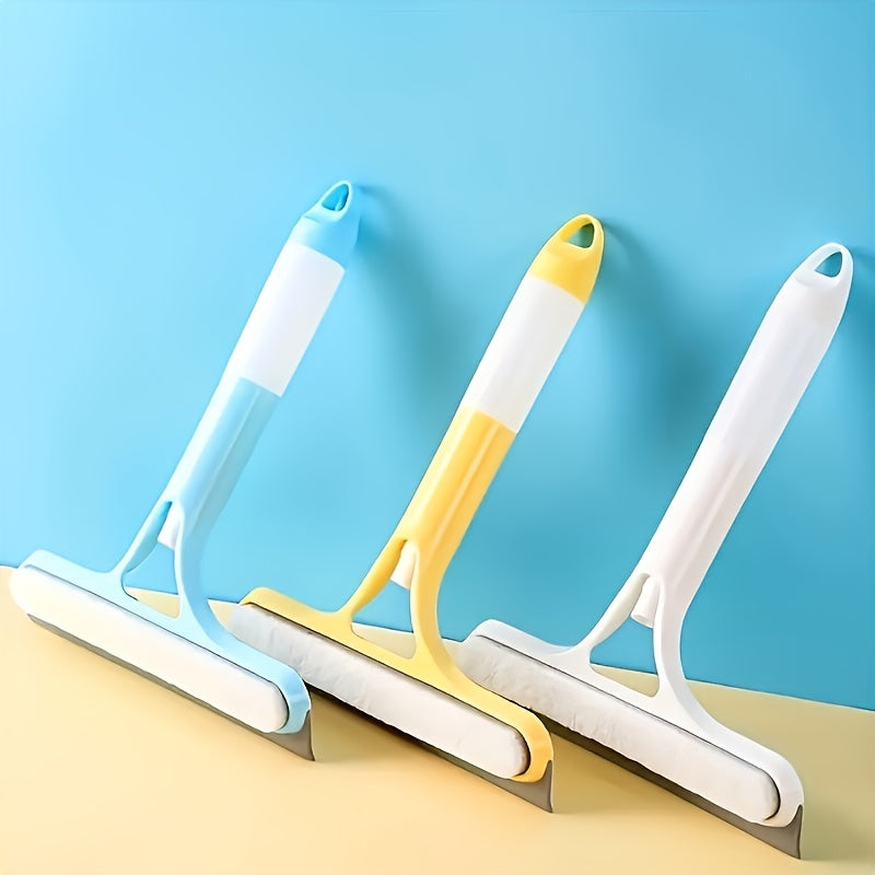 Multi-functional cleaning tool with spray bottle and double-sided glass scraper for various surfaces.