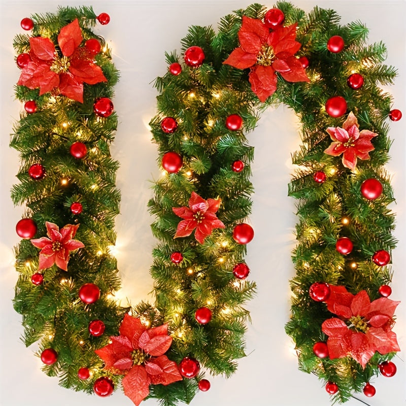 106-Inch PVC Greenery Garland with Red Berries, Pinecones, and Lights for Christmas Fireplace Decor - Festive Plastic Mantel Decoration for Hotel, Mall, Doorway, and Staircase - Battery Powered (AA, Non-Rechargeable)