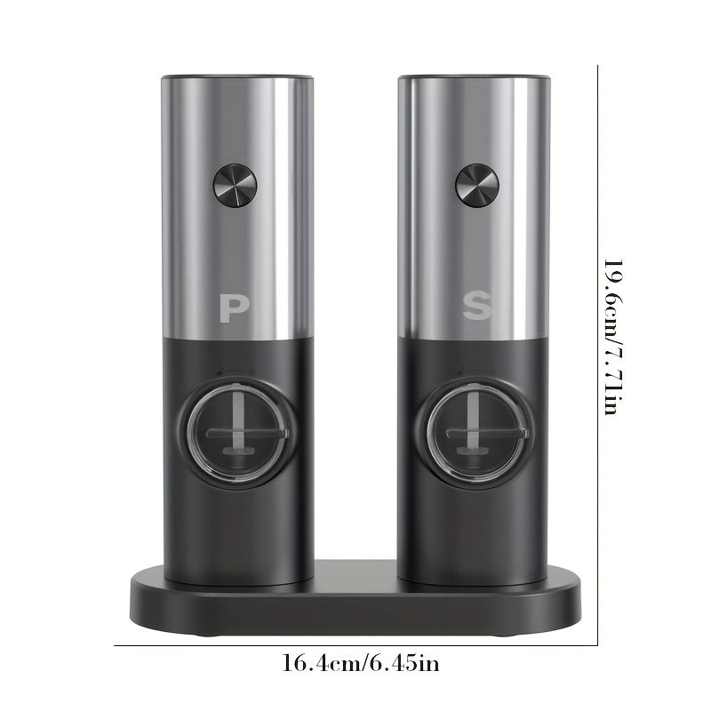 Get your hands on the convenient 2PC Electric Salt And Pepper Grinder Set with a storage base. This battery-powered set features automatic grinding with LED light, adjustable coarseness, and a one-hand one-button start. Made with high-quality ABS