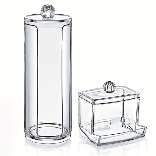 Set of 2 clear canisters with storage box for bathroom items like cotton balls, swabs, and pads.